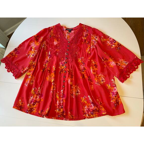 Roaman’s Blouse Top Pintucks Crochet Lace Button Detail Sz 14W Bell Sleeves Red - Picture 5 of 11